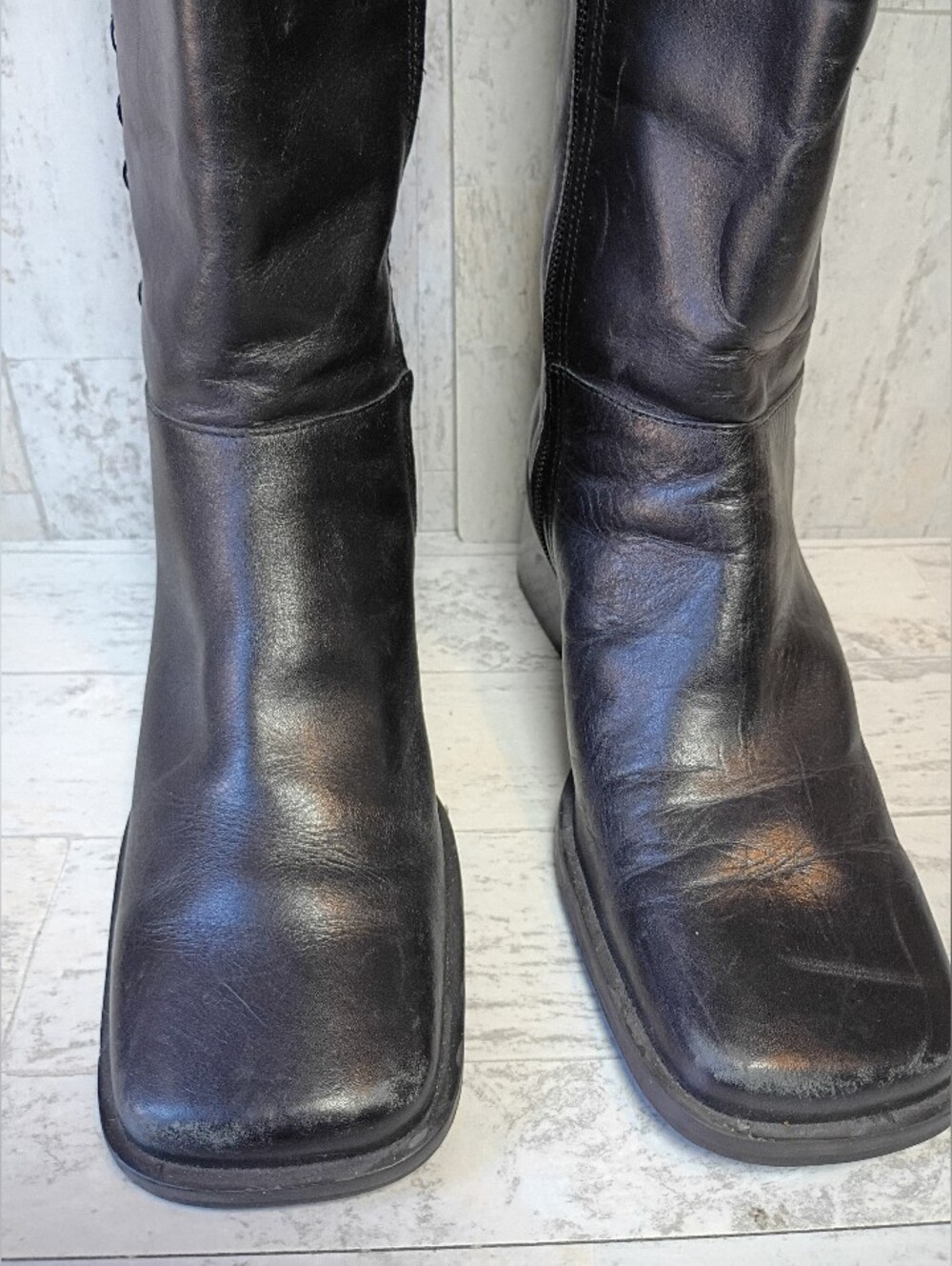 Black leather square toe knee high boots, 90s vintage wide calf size 7.5 US - Picture 7 of 15